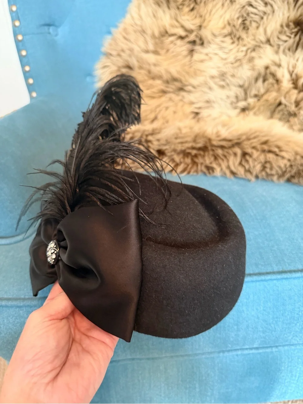 Vintage 1960’s Black Felt Hat with Large Feather and Bow
